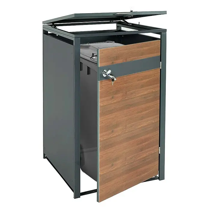 Proregal Mülltonnenbox 1er Mülltonnenverkleidung - Metall, Kirsche-Holzoptik Dunkelbraun, Geeignet für Anzahl Mülltonnen: 1 Stk. - Ein Mülltonnenbox aus Metall mit Holztür und abschließbarem Schloss, die eine praktische und stilvolle Lösung für die Müllentsorgung bietet.