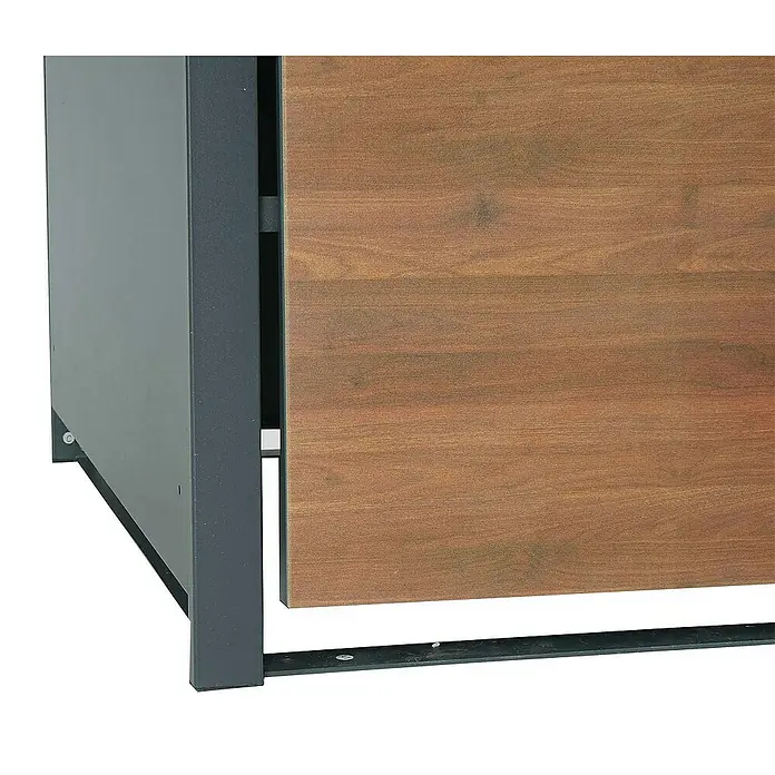 Proregal Mülltonnenbox 1er Mülltonnenverkleidung - Metall, Kirsche-Holzoptik Dunkelbraun, Geeignet für Anzahl Mülltonnen: 1 Stk. - Nahaufnahme eines modernen Außenschranks mit Holzverkleidung und dunkelgrauem Metallrahmen, der modernes Design und Funktionalität vereint.