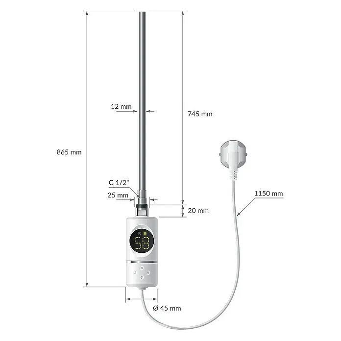 LuxeBath Elektro-Badheizkörper Handtuchwärmer Elektrisch Seitenanschluss mit Heizstab 900W gerade - B x H: 75 x 180 cm - Abbildung eines Heizstabs mit digitaler Steuerung, Maße und Anschlusskabel sind eingezeichnet.