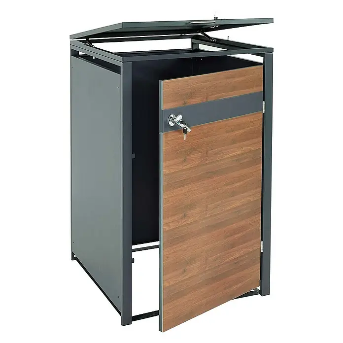 Proregal Mülltonnenbox 1er Mülltonnenverkleidung - Metall, Kirsche-Holzoptik Dunkelbraun, Geeignet für Anzahl Mülltonnen: 1 Stk. - Der Metall-Mülltonnenbox mit Holzfront und Schloss bietet eine stilvolle und sichere Aufbewahrung für Mülltonnen im Außenbereich.