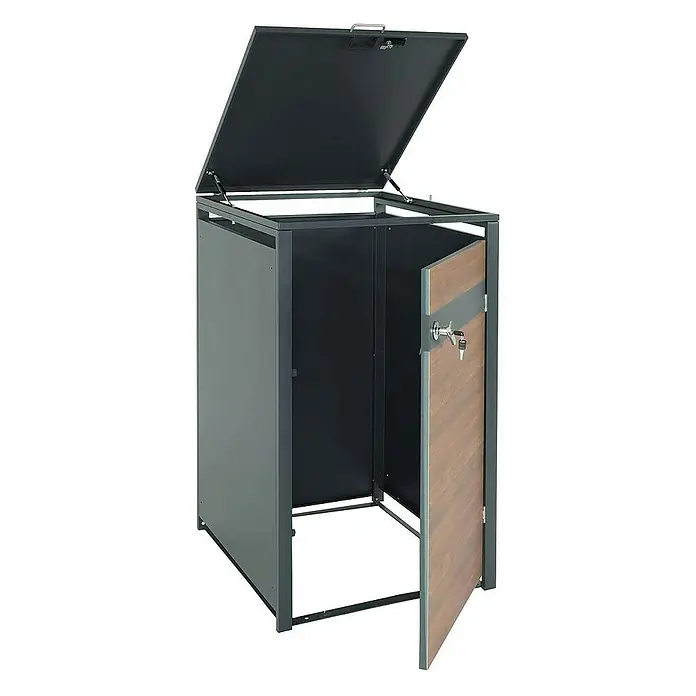 Proregal Mülltonnenbox 1er Mülltonnenverkleidung - Metall, Kirsche-Holzoptik Dunkelbraun, Geeignet für Anzahl Mülltonnen: 1 Stk. - Metall-Mülltonnenbox mit Klappdeckel und Tür, ideal für die Aufbewahrung von Mülltonnen im Außenbereich. Robust und wetterfest.