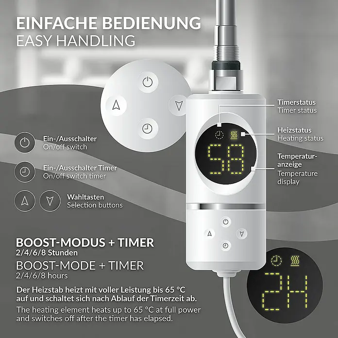 LuxeBath Elektro-Badheizkörper Handtuchwärmer Elektrisch Seitenanschluss mit Heizstab 900W gerade - B x H: 75 x 180 cm - Abbildung eines elektronischen Wasserhahn-Durchlauferhitzers mit digitalem Display und verschiedenen Funktionsknöpfen.