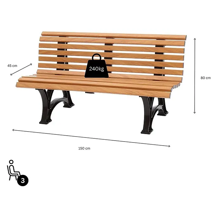 Proregal Gartenbank Jamaika 3-Sitzer aus Kunststoff - Holzoptik - Das Bild zeigt eine Parkbank aus Holz und Metall mit den Maßen 150 cm Länge, 45 cm Breite und 80 cm Höhe. Belastbarkeit: 240 kg.