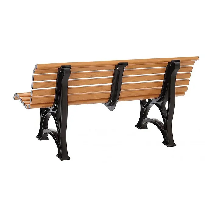 Proregal Gartenbank Jamaika 3-Sitzer aus Kunststoff - Holzoptik - Detailaufnahme einer Parkbank mit braunen Holzlatten und dunklen Metallbeinen. Die Bank ist stabil und einladend gestaltet.