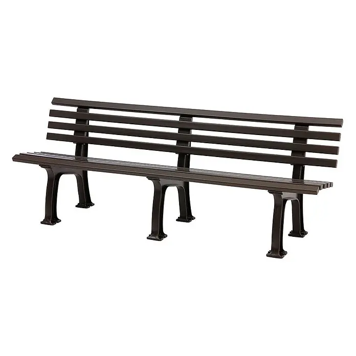 Proregal Gartenbank Antigua 4-Sitzer aus Kunststoff - Braun - Schwarze Parkbank mit Lattenrost und gusseisernen Füßen, ideal für den Außenbereich. Robuste und stilvolle Sitzgelegenheit.