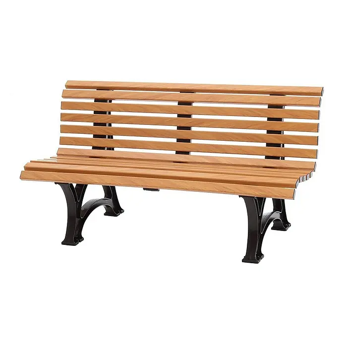 Proregal Gartenbank Jamaika 3-Sitzer aus Kunststoff - Holzoptik - Eine Parkbank aus Holz mit einem schwarzen Metallgestell, die zum Entspannen im Freien einlädt. Die Bank bietet ausreichend Platz zum Sitzen.