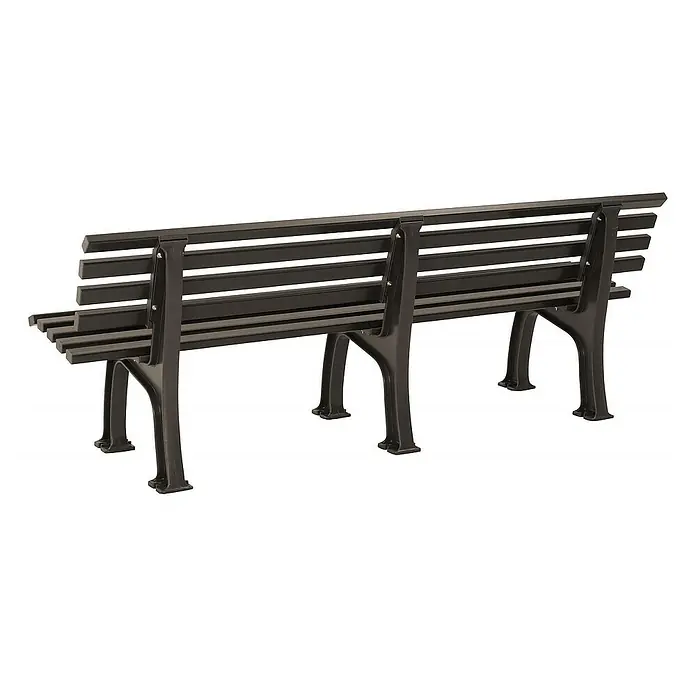 Proregal Gartenbank Antigua 4-Sitzer aus Kunststoff - Braun - Eine lange, dunkle Parkbank aus Metall mit Lattenrost, die zum Sitzen einlädt und sich perfekt in Außenbereiche einfügt.