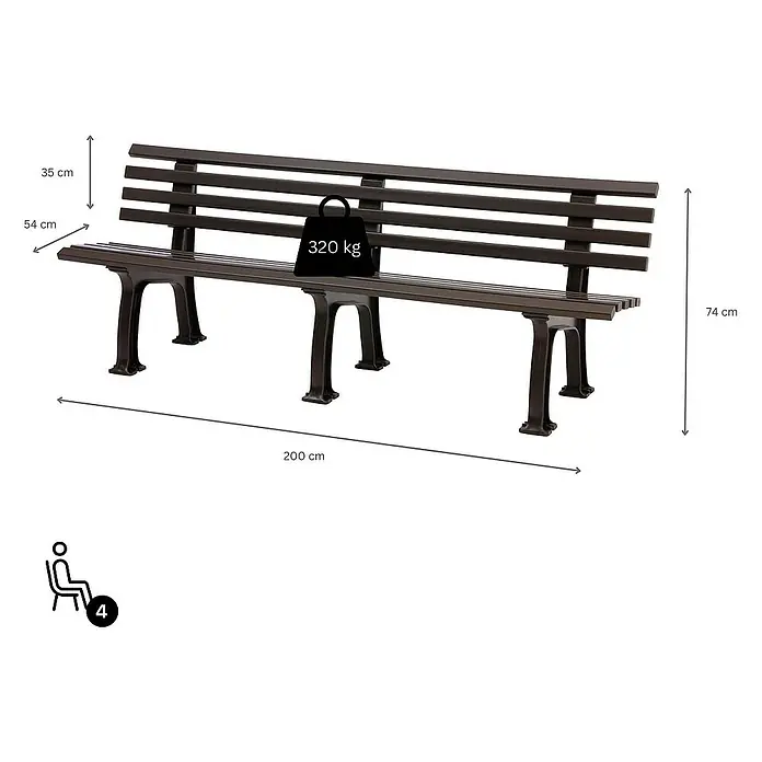 Proregal Gartenbank Antigua 4-Sitzer aus Kunststoff - Braun - Abbildung einer Parkbank aus Metall mit den Maßen 200 x 54 x 74 cm, belastbar bis 320 kg, geeignet für 4 Personen.