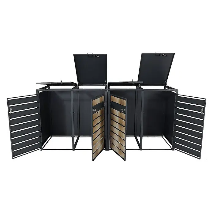 Proregal Mülltonnenbox 4er Mülltonnenverkleidung - 264 x 80 cm, Metall, Gold-Optik, Geeignet für Anzahl Mülltonnen: 4 Stk. - Bild eines Mülltonnenbox-Sets mit offenen Klappen und Türen, das Design und Funktionalität vereint.