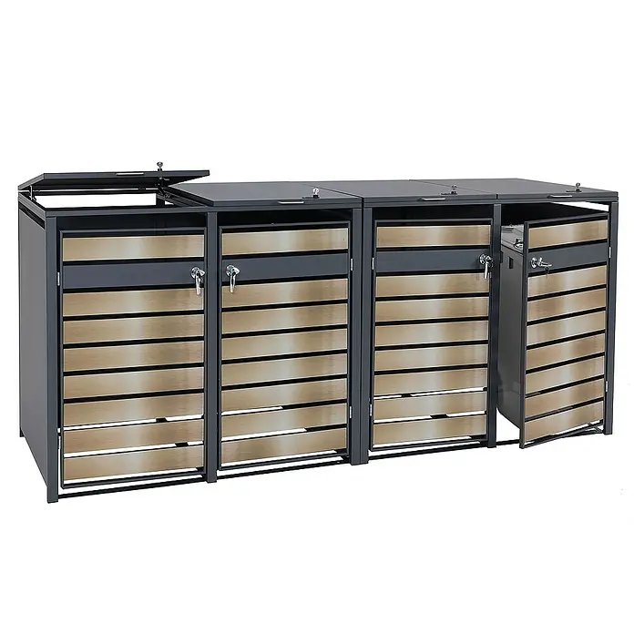 Proregal Mülltonnenbox 4er Mülltonnenverkleidung - 264 x 80 cm, Metall, Gold-Optik, Geeignet für Anzahl Mülltonnen: 4 Stk. - Abfallbehälterbox mit Klappdeckel und Fronttüren zur einfachen Müllentsorgung und zum Schutz vor Witterungseinflüssen.