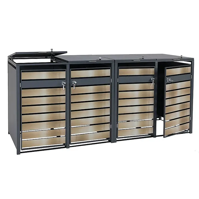 Proregal Mülltonnenbox 4er Mülltonnenverkleidung - 264 x 80 cm, Metall, Gold-Optik, Geeignet für Anzahl Mülltonnen: 4 Stk. - Abfalltrennsystem mit drei Fächern und abschließbaren Türen aus Holz und Metall für eine stilvolle Mülltrennung im Außenbereich.