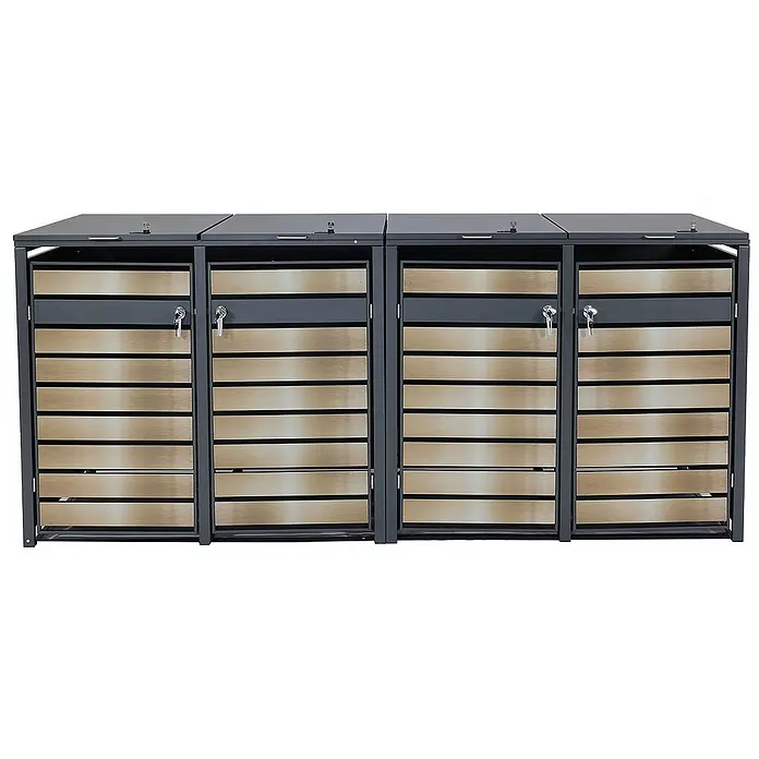 Proregal Mülltonnenbox 4er Mülltonnenverkleidung - 264 x 80 cm, Metall, Gold-Optik, Geeignet für Anzahl Mülltonnen: 4 Stk. - Ein Blick auf eine Reihe von abschließbaren Mülltonnenboxen in Anthrazit mit Holzimitat-Lamellenfronten für den Außenbereich.