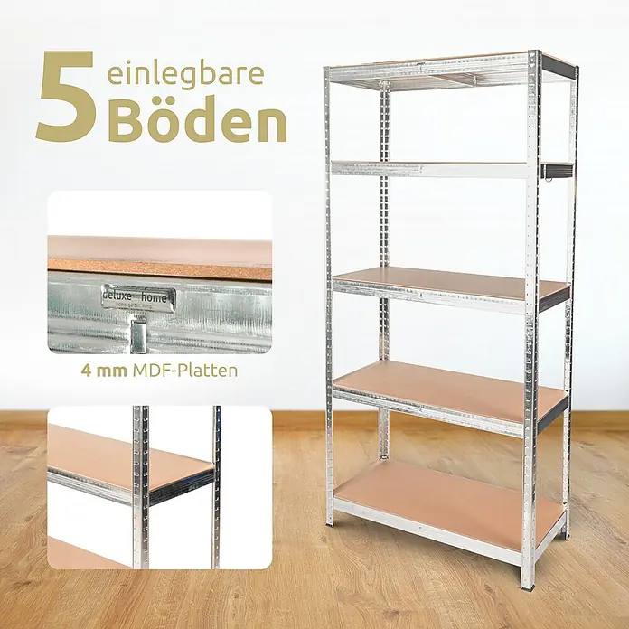 deluxe4home Schwerlastregal - Anzahl Böden: 5 Stk., Silber - 5-Böden Regalsystem mit stabilen Metallrahmen und MDF-Platten, ideal für Lagerung in Werkstatt, Garage oder Keller.
