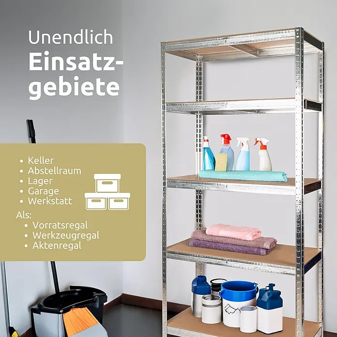 deluxe4home Schwerlastregal - Anzahl Böden: 5 Stk., Silber - Silbernes Regal mit Reinigungsutensilien und Aufbewahrungsboxen für Keller, Garage und Werkstatt. Vielseitig einsetzbar.