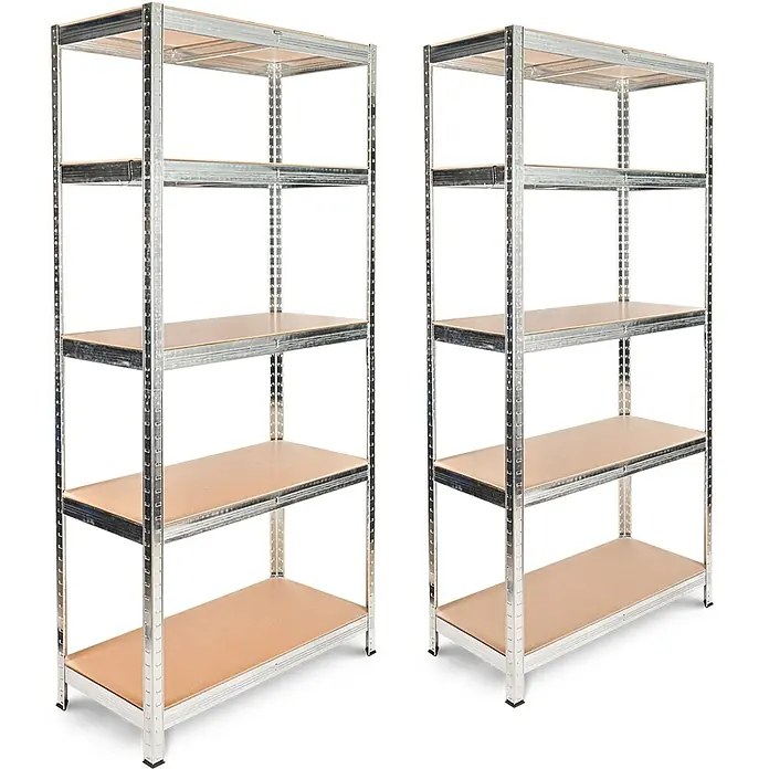 deluxe4home Schwerlastregal - Anzahl Böden: 5 Stk., Silber - Zwei Metallregale mit Holzregalböden stehen vor einem schwarzen Hintergrund. Die Regale bieten viel Stauraum.