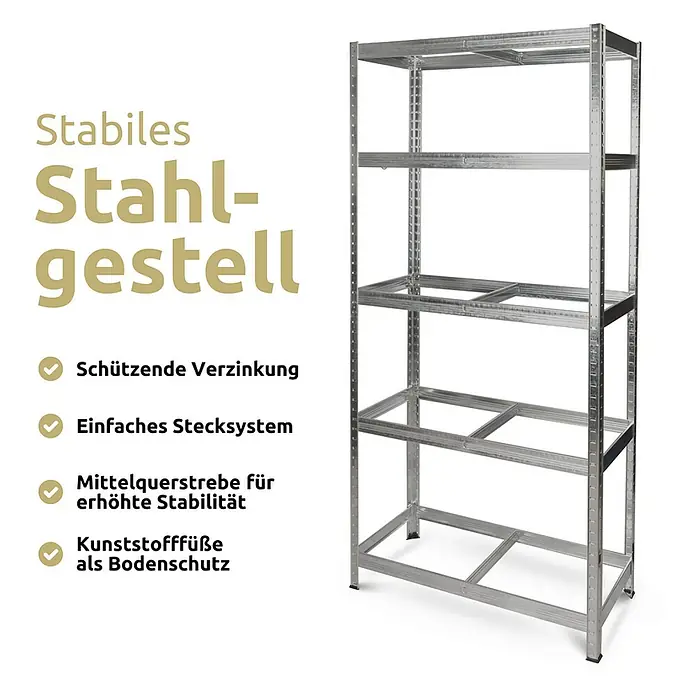 deluxe4home Schwerlastregal - Anzahl Böden: 5 Stk., Silber - Produktabbildung eines stabilen Stahlregals mit schützender Verzinkung, einfachem Stecksystem und Kunststofffüßen als Bodenschutz für erhöhte Stabilität.