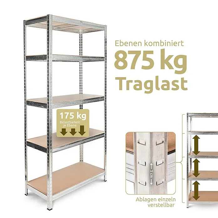 deluxe4home Schwerlastregal - Anzahl Böden: 5 Stk., Silber - Produktfoto eines robusten, verstellbaren Schwerlastregals mit fünf Böden und hoher Traglast für vielseitige Lagerbedürfnisse.