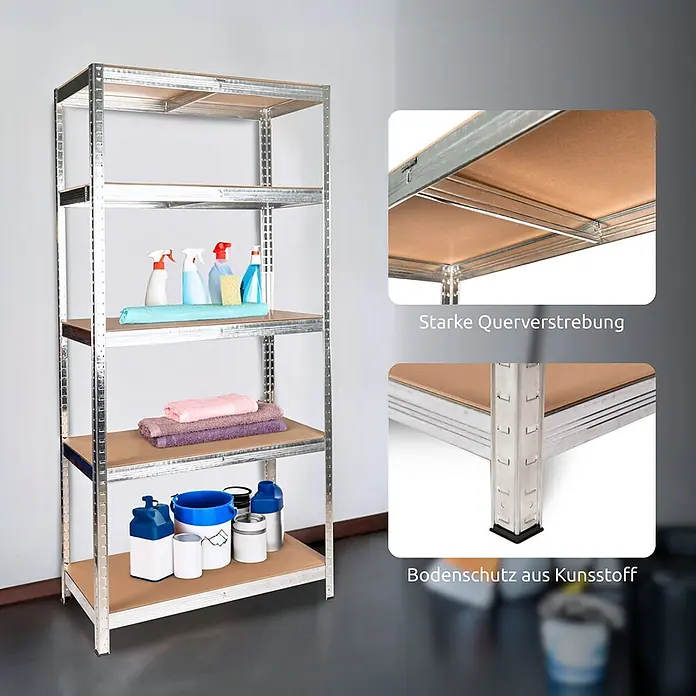 deluxe4home Schwerlastregal - Anzahl Böden: 5 Stk., Silber - Das Bild zeigt ein stabiles Metallregal mit fünf Ablageflächen, ideal für Lagerung und Ordnung. Details: Verstrebung und Kunststoff-Bodenschutz.