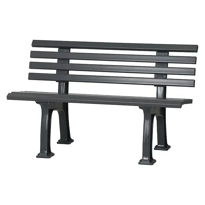 Proregal Gartenbank Antigua 2-Sitzer aus Kunststoff - Graphitgrau - Abbildung einer stilvollen Parkbank mit dunklen Latten und stabilen Beinen.
