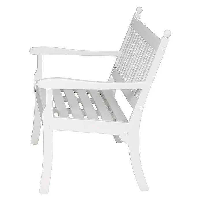 Proregal Gartenbank Aruba 2-Sitzer aus Kunststoff - Weiß - Weiße Gartenbank aus Holz. Die Bank hat eine Lattenstruktur an Sitzfläche und Rückenlehne und bietet eine bequeme Sitzgelegenheit im Freien.