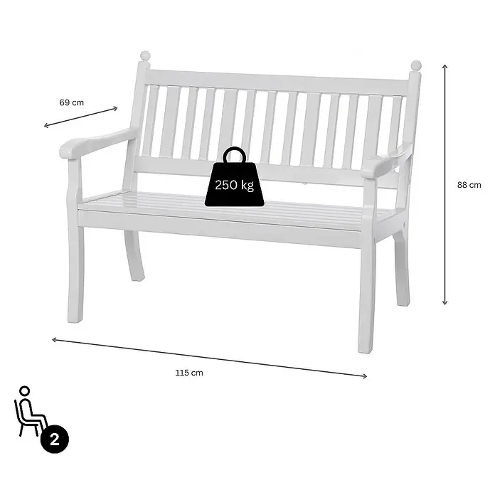 Proregal Gartenbank Aruba 2-Sitzer aus Kunststoff - Weiß - Eine weiße Gartenbank mit Maßen von 115 x 69 x 88 cm, die für bis zu 250 kg geeignet ist und Platz für 2 Personen bietet.