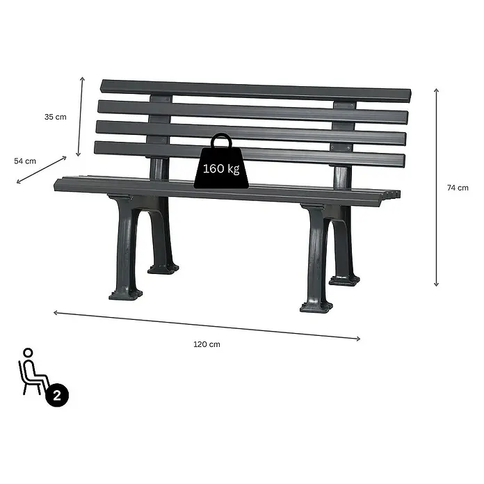 Proregal Gartenbank Antigua 2-Sitzer aus Kunststoff - Graphitgrau - Eine graue Gartenbank aus Metall mit den Maßen 120x54x74cm und einem Gewicht von 160kg, geeignet für 2 Personen.