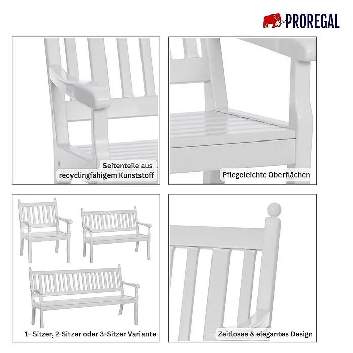 Proregal Gartenbank Aruba 2-Sitzer aus Kunststoff - Weiß - Das Bild zeigt einen Gartenstuhl aus weißem Kunststoff mit verschiedenen Detailaufnahmen.