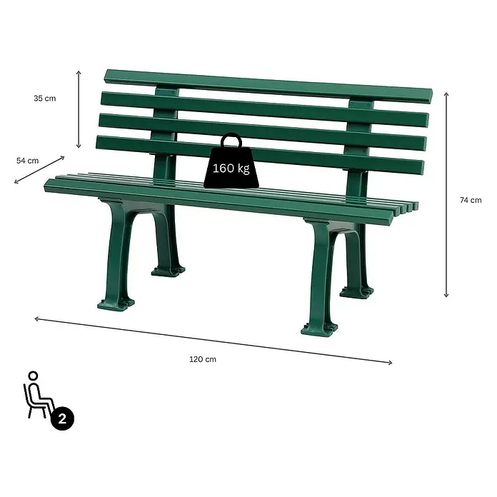 Proregal Gartenbank Antigua 2-Sitzer aus Kunststoff - Grün - Abbildung einer grünen Parkbank mit den Maßen 120 x 54 x 74 cm, belastbar bis 160 kg und geeignet für 2 Personen.