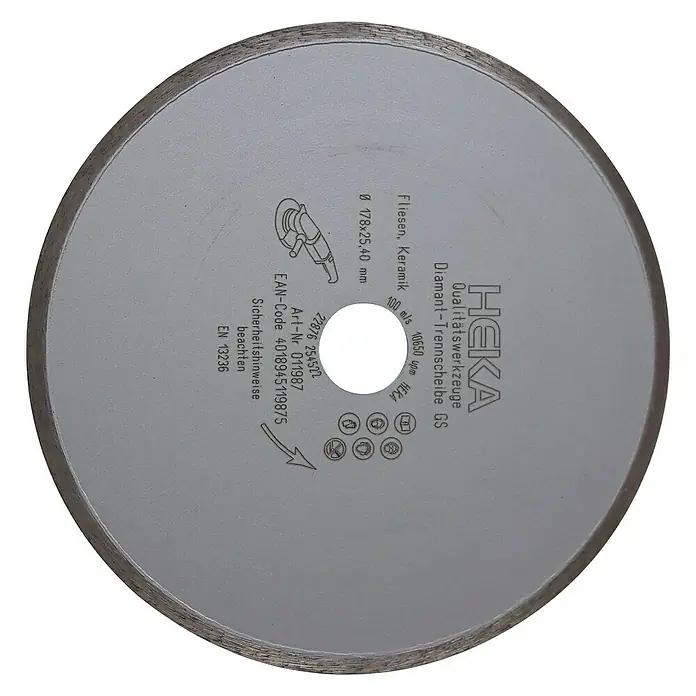 Heka Trennscheibe GS - Bohrung: 25,4 mm - Abbildung einer HEKA Diamant-Trennscheibe GS für Fliesen und Keramik, Durchmesser 178x25,40 mm.