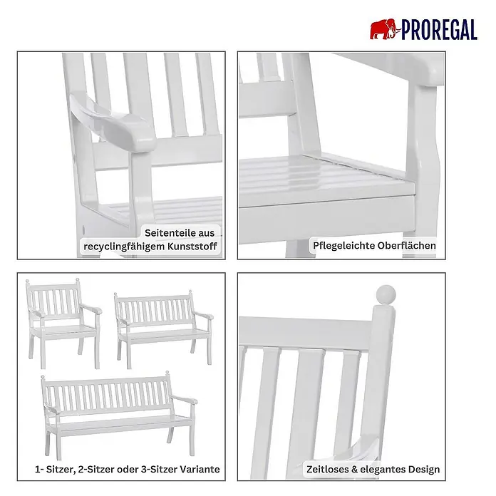 Proregal Gartenbank Aruba 1-Sitzer aus Kunststoff - Weiß - Bild zeigt Details und Varianten der weißen Gartenmöbel, einschließlich Bank- und Stuhlversionen, mit Hinweisen auf recycelten Kunststoff.