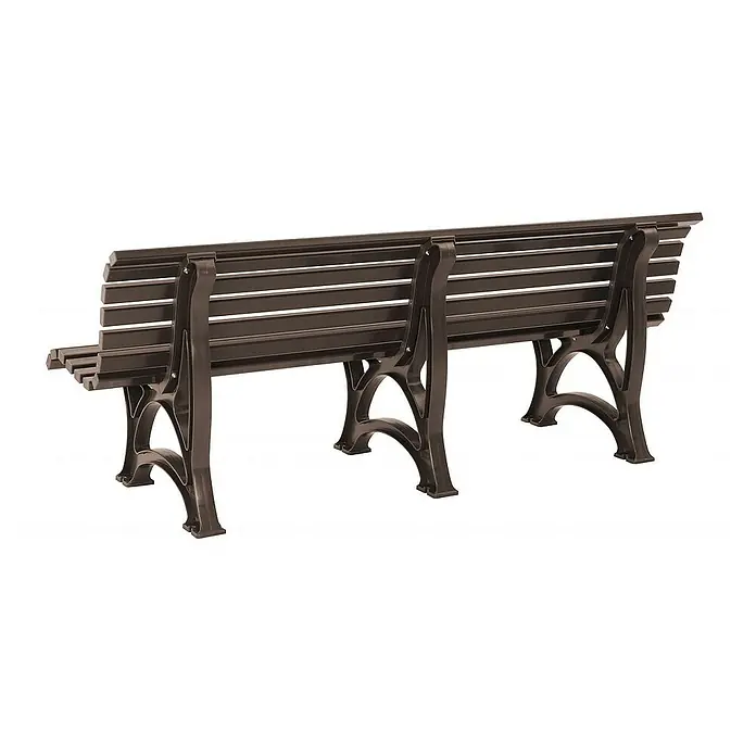 Proregal Gartenbank Jamaika 4-Sitzer aus Kunststoff - Braun - Eine braune Parkbank mit horizontalen Latten und dekorativen Metallbeinen, gesehen von hinten.