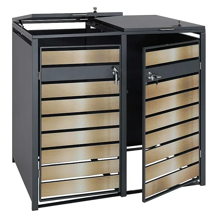 Proregal Mülltonnenbox 2er Mülltonnenverkleidung - 132 x 80 cm, Metall, Gold-Optik, Geeignet für Anzahl Mülltonnen: 2 Stk. - Mülltonnenbox für zwei Mülltonnen mit abschließbaren Türen und Deckelöffnung für eine einfache Abfallentsorgung.