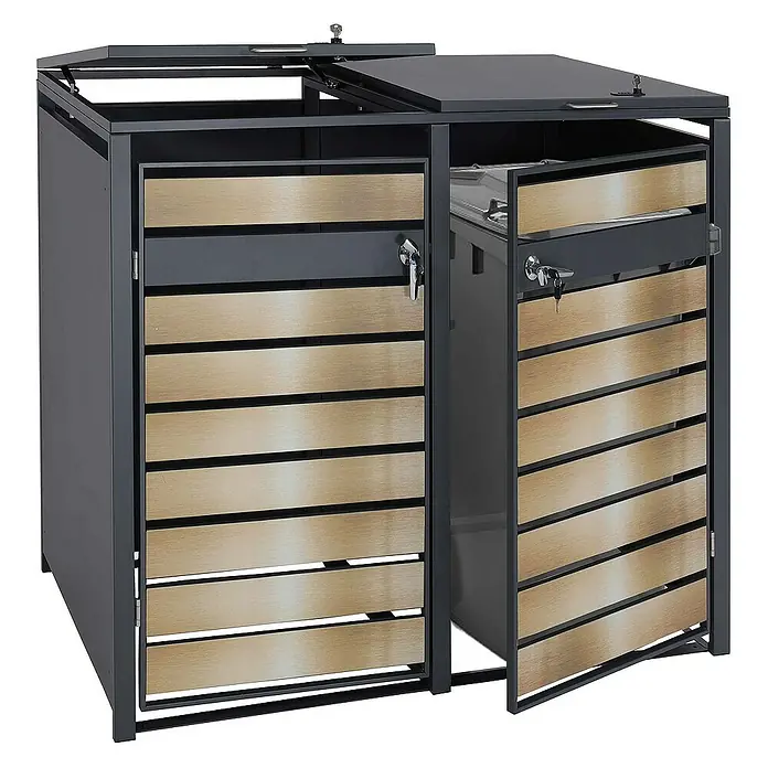 Proregal Mülltonnenbox 2er Mülltonnenverkleidung - 132 x 80 cm, Metall, Gold-Optik, Geeignet für Anzahl Mülltonnen: 2 Stk. - Abfallbox mit zwei Fächern und abschließbaren Türen. Die Mülltonnenbox ist aus Metall und Holz gefertigt und bietet Platz für zwei Mülltonnen.