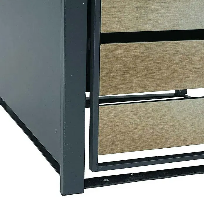 Proregal Mülltonnenbox 2er Mülltonnenverkleidung - 132 x 80 cm, Metall, Gold-Optik, Geeignet für Anzahl Mülltonnen: 2 Stk. - Nahaufnahme eines modernen Outdoor-Schranks mit Holzschubladen und grauem Metallrahmen, ideal für die Gartenaufbewahrung.