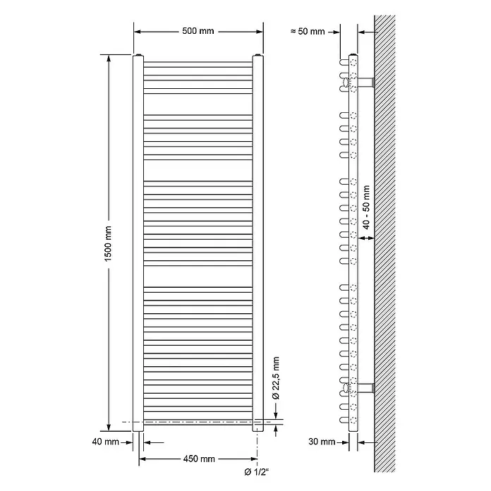 LuxeBath Elektro-Badheizkörper Handtuchwärmer Elektrisch Seitenanschluss mit Heizstab 1200W gebogen - B x H: 50 x 150 cm - Detaillierte technische Zeichnung eines Handtuchwärmers mit Maßangaben zu Höhe, Breite und Wandabstand.