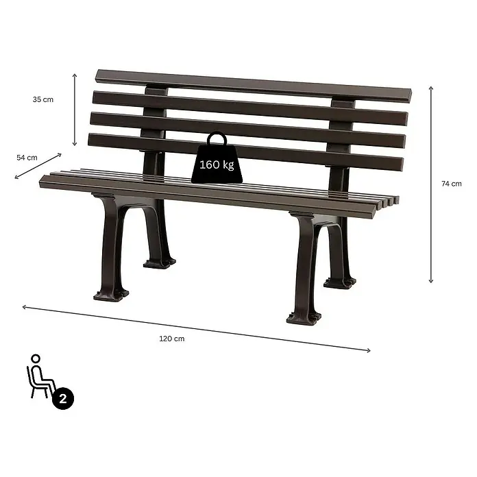 Proregal Gartenbank Antigua 2-Sitzer aus Kunststoff - Braun - Produktbild einer braunen Parkbank mit den Maßen 35 x 54 x 74 x 120 cm und einer Belastbarkeit von 160 kg.