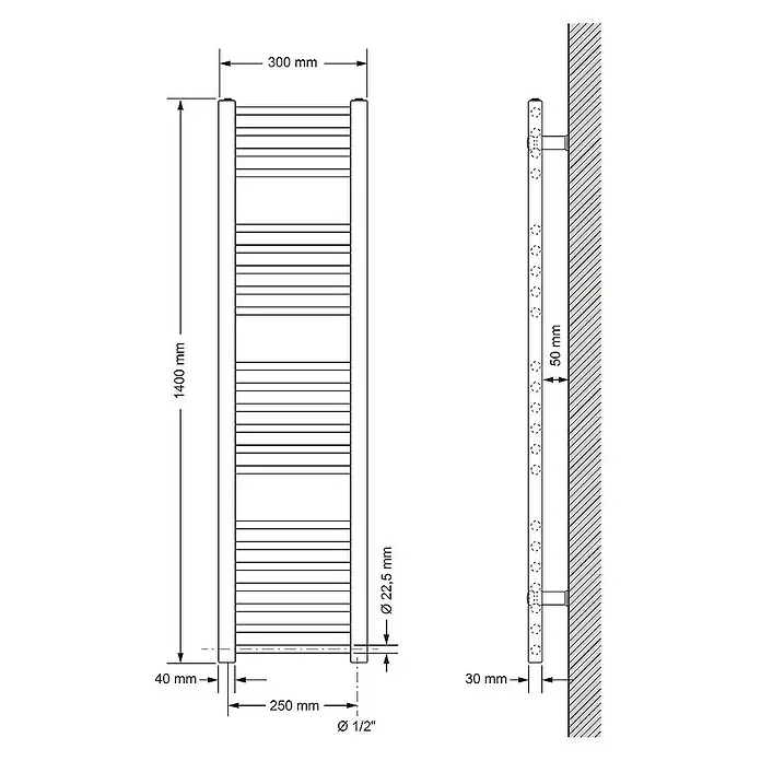 LuxeBath Elektro-Badheizkörper Handtuchwärmer Elektrisch Seitenanschluss mit Heizstab 1200W gerade - B x H: 30 x 140 cm - Abbildung eines Heizkörpers mit Handtuchhalter, inklusive Maßangaben zu Höhe, Breite und Wandabstand.