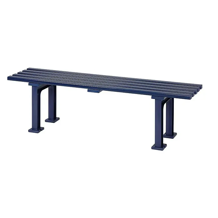 Proregal Gartenbank Kuba 3-Sitzer aus Kunststoff - Blau - Eine blaue Bank mit Lattenrostoberfläche und robusten Metallbeinen, ideal für Umkleideräume oder Wartebereiche. Solide Konstruktion und modernes Design.