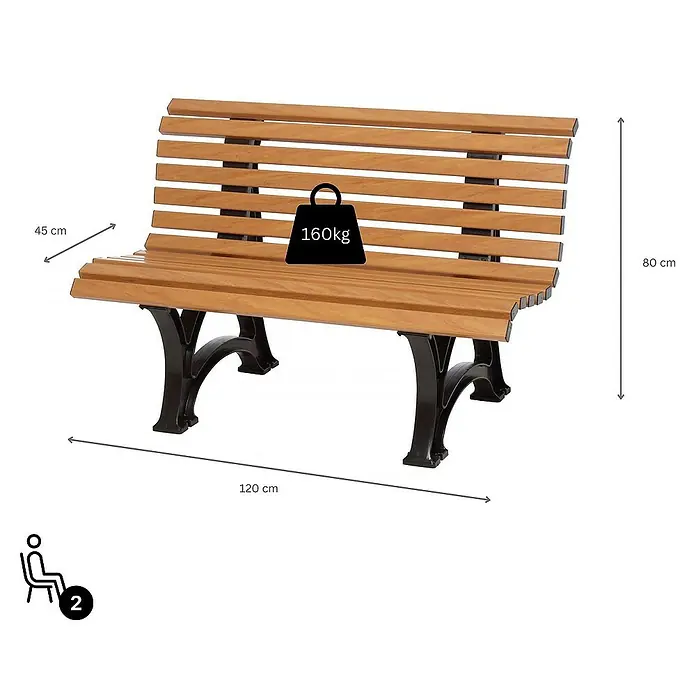 Proregal Gartenbank Jamaika 2-Sitzer aus Kunststoff - Holzoptik - Produktbild einer Parkbank aus Holz mit Metallbeinen. Die Bank ist 120 cm breit und hat eine Sitzhöhe von 45 cm.