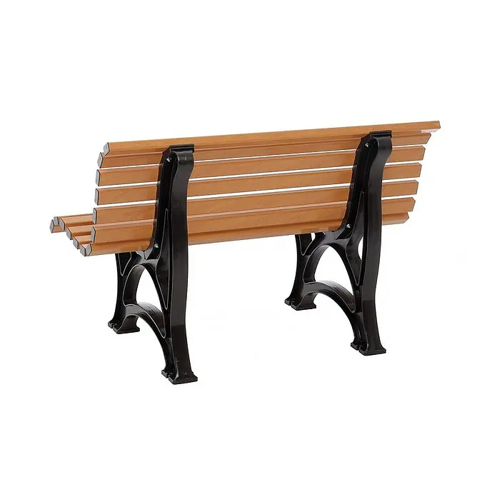 Proregal Gartenbank Jamaika 2-Sitzer aus Kunststoff - Holzoptik - Rückansicht einer Parkbank mit Holzlatten und schwarzen Metallfüßen auf einem weißen Hintergrund.