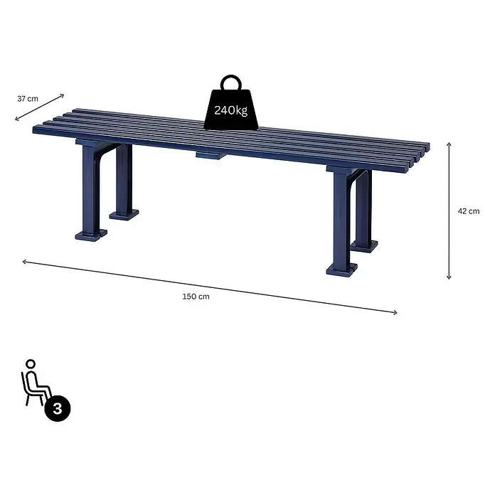 Proregal Gartenbank Kuba 3-Sitzer aus Kunststoff - Blau - Abbildung einer blauen Bank mit den Maßen 150 cm Länge, 37 cm Breite und 42 cm Höhe, belastbar bis 240 kg, für 3 Personen.