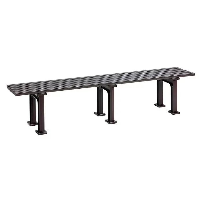 Proregal Gartenbank Kuba 4-Sitzer aus Kunststoff - Braun - Diese Aufnahme zeigt eine lange, schlanke Bank mit dunklem Gestell und mehreren Sitzstreben, ideal für Wartebereiche oder öffentliche Räume.