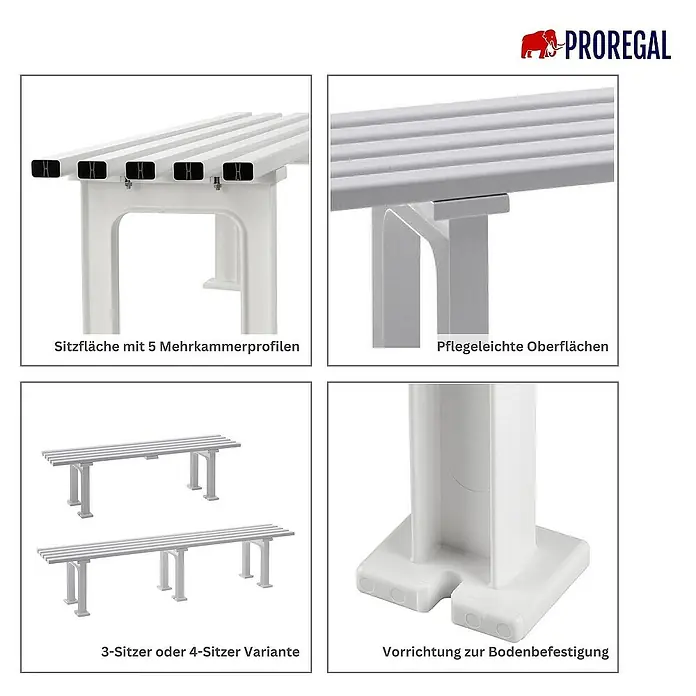 Proregal Gartenbank Kuba 4-Sitzer aus Kunststoff - Braun - Abbildung einer weißen Proregal-Sitzbank mit verschiedenen Detailansichten, die die Konstruktion und die Montagefreundlichkeit hervorheben.