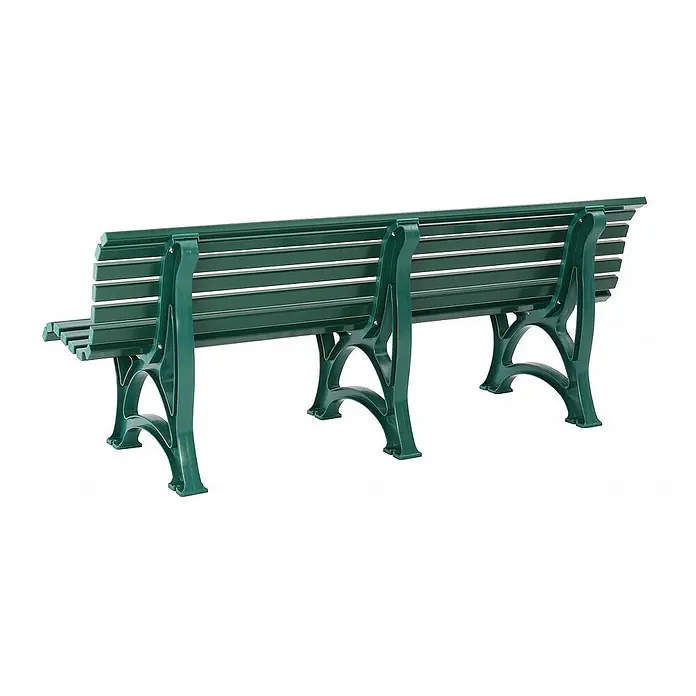 Proregal Gartenbank Jamaika 4-Sitzer aus Kunststoff - Grün - Eine grüne Parkbank mit Lattenrost und dekorativen Beinen auf einem weißen Hintergrund, ideal für den Außenbereich.
