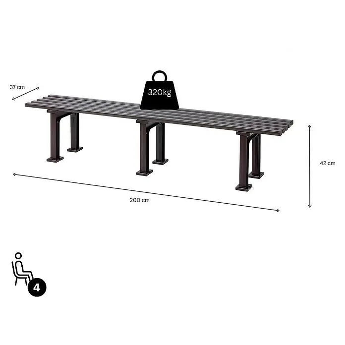 Proregal Gartenbank Kuba 4-Sitzer aus Kunststoff - Braun - Produktdarstellung einer 200 cm langen Bank mit den Maßen 37 x 42 cm und einer Belastbarkeit von bis zu 320 kg, geeignet für vier Personen.