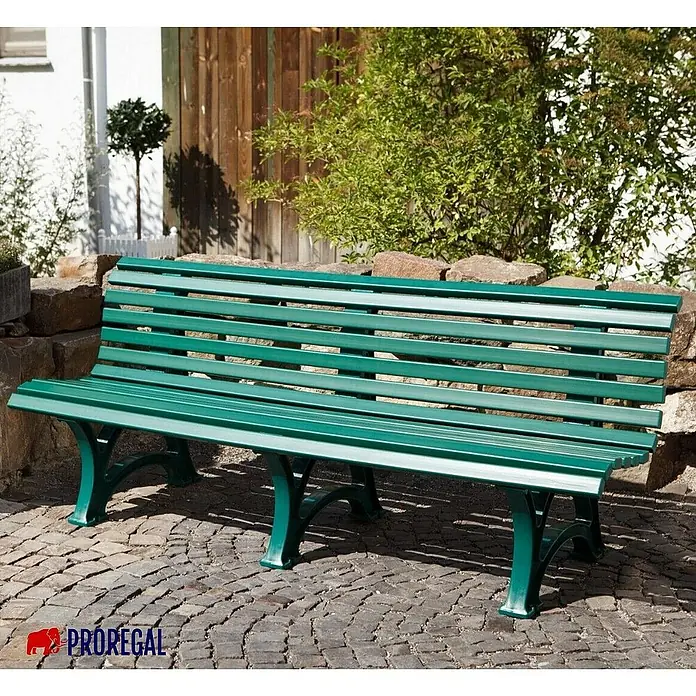 Proregal Gartenbank Jamaika 4-Sitzer aus Kunststoff - Grün - Grüne Parkbank aus Holz und Metall mit geschwungenen Beinen, die zum Entspannen im Garten oder Park einlädt. Robuste Ausführung für den Außenbereich.
