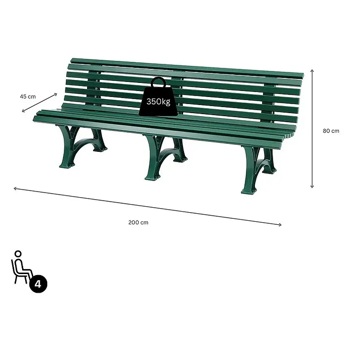 Proregal Gartenbank Jamaika 4-Sitzer aus Kunststoff - Grün - Bild einer grünen Parkbank mit den Maßen 200x45x80 cm, belastbar bis 350 kg, für bis zu 4 Personen.