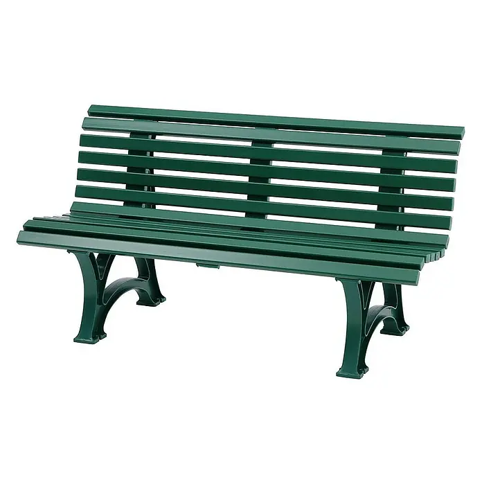 Proregal Gartenbank Jamaika 3-Sitzer aus Kunststoff - Grün - Eine grüne Parkbank aus Holz und Metall. Die Bank hat eine hohe Rückenlehne und geschwungene Metallbeine. Sie lädt zum Verweilen ein.