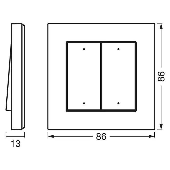 Osram Smart+ Schalter 4G matter - Weiß, Innen - Abbildung eines Doppel-Lichtschalters mit den Maßen 86 x 86 mm und einer Tiefe von 13 mm für die Wandmontage.