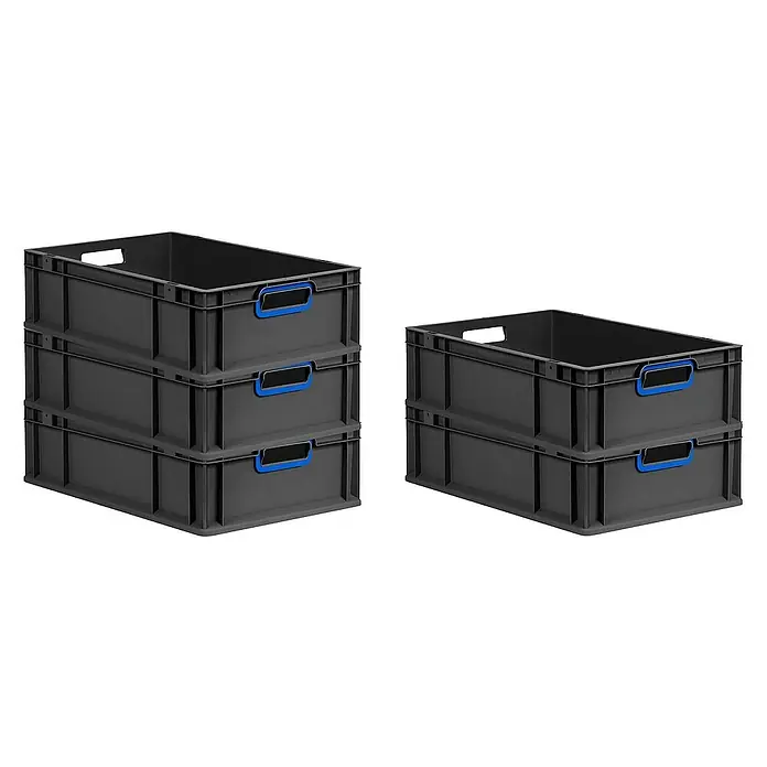 Proregal Eurobox Eurobox NextGen Color - L x B x H: 60 x 40 x 17 cm, Kunststoff, Schwarz, Blau - Stapelbare graue Kunststoffboxen mit blauen Griffen. Praktische Lagerlösung, ideal für Ordnung und Organisation in Werkstatt oder Lager.